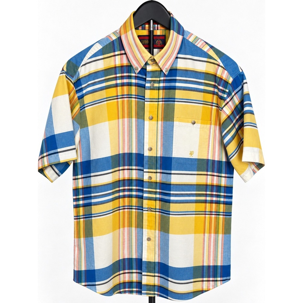 Wrangler 20X Men Yellow Blue Plaid Short Sleeve Button Down Shirt L Cowboy Work